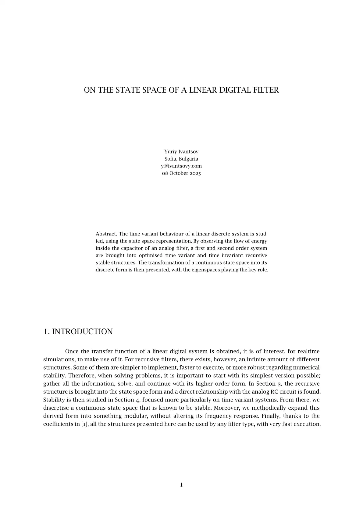 On the state space of a linear digital filter